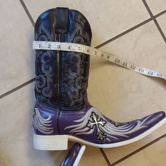 Aguila Real Botas Vaquera Boot leather Point toe western silver cross purple - Picture 13 of 16